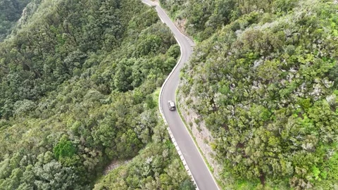 Aerial view of car navigating a winding road through lush green hills Stock Footage 328054399