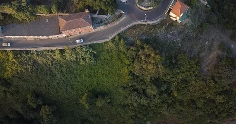 Aerial view, car overtaking another vehicle. Drone flies up. Small one Vídeos de archivo 95627240