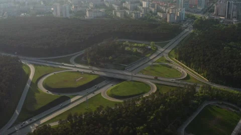 Aerial view of car traffic at the interchange Stock Footage 167170367