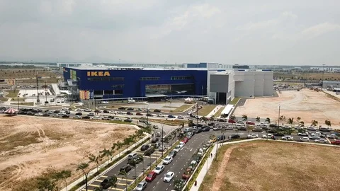 Aerial view car traffic to queue to enter IKEA during first day opening. Stock Footage 118616896