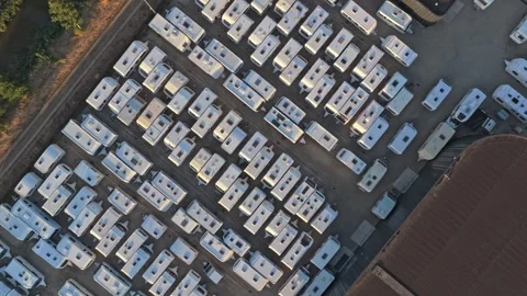 Aerial view of a caravan storage facility parking lot Stock Footage 344047427