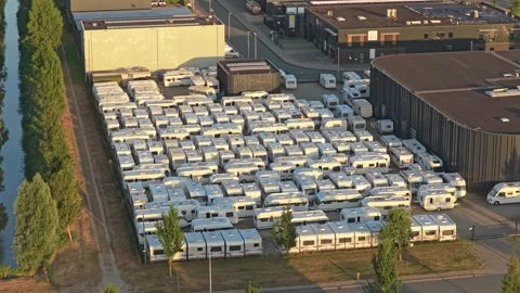 Aerial view of a caravan storage lot in the netherlands Stock Footage 344051377