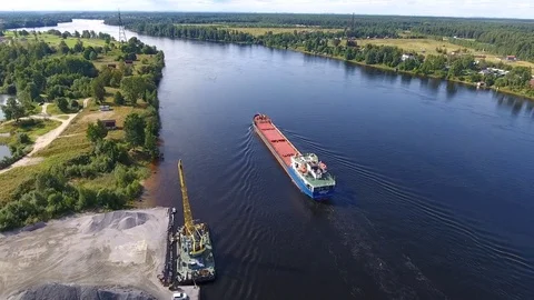 Aerial view of cargo barge on river Stock Footage 79613903
