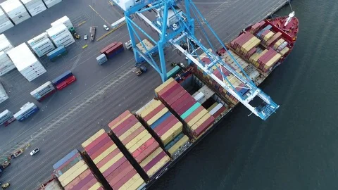 Aerial View of Cargo Container Ship Being Loaded Unloaded Stock Footage 75434608
