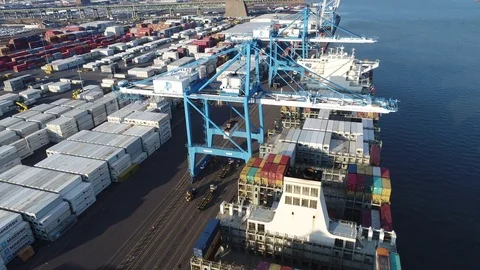 Aerial View of Cargo Container Ship Being Loaded Unloaded Stock Footage 75434641