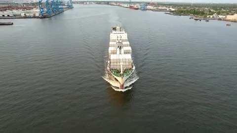 Aerial View of Cargo Container Ship Sailing the Delaware River Stock Footage 153782752