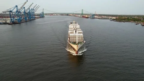 Aerial View of Cargo Container Ship Sailing the Delaware River Stock Footage 153782753
