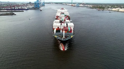 Aerial View of Cargo Container Ship Sailing the Delaware River Stock Footage 153782757