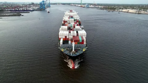 Aerial View of Cargo Container Ship Sailing the Delaware River Stock Footage 153782758