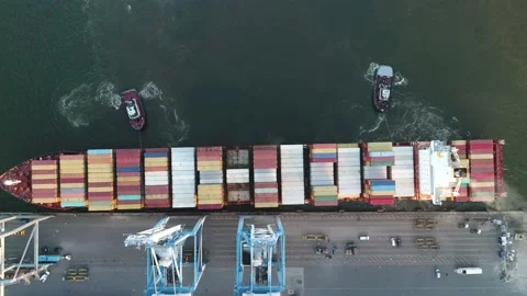 Aerial View of Cargo Container Ship Parking at Port Stock Footage 163193309