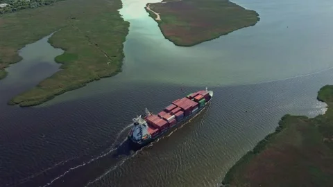 Aerial view of cargo container ship in the river Stock Footage 196282833