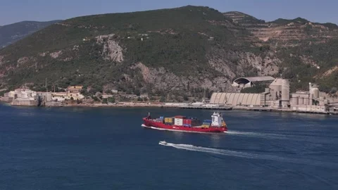 Aerial view of a cargo container ship near Setubal, Portugal Stock Footage 313682583