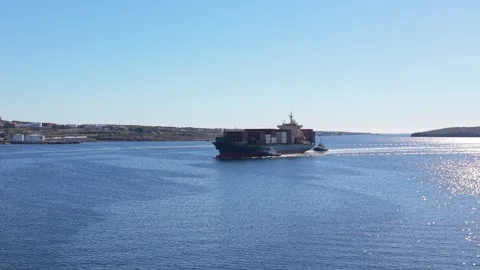 Aerial View Of Cargo Container Ship Docking At Halifax Port Nova Scotia Canada Video stock 318625490
