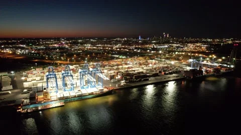 Aerial View of Cargo Container Shipping Port at Night Stock Footage 163324467