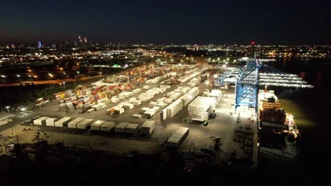 Aerial View of Cargo Container Shipping Port at Night Stock Footage 163324489