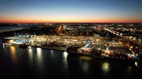Aerial View of Cargo Container Shipping Port at Night Stock Footage 163324500
