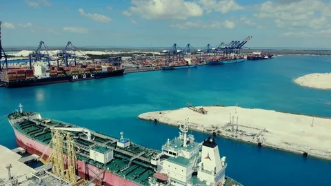 Aerial View of Cargo Containers and Industrial Shipping Port, Bahamas Stock Footage 104018342