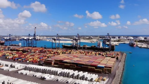 Aerial View of Cargo Containers and Maritime Port Operations, Bahamas Stock Footage 104021636