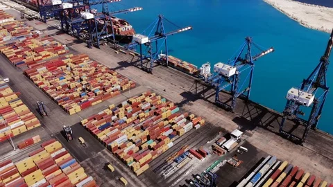 Aerial View of Cargo Containers and Maritime Port Operations, Bahamas Stock Footage 104022126