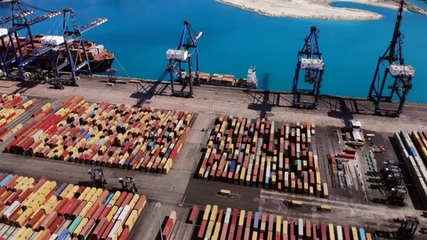 Aerial View of Cargo Containers and Maritime Port Operations, Bahamas Stock Footage 104022229