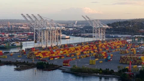 Aerial view of cargo containers and gantry cranes at a shipping terminal in.. Stock Footage 333602631