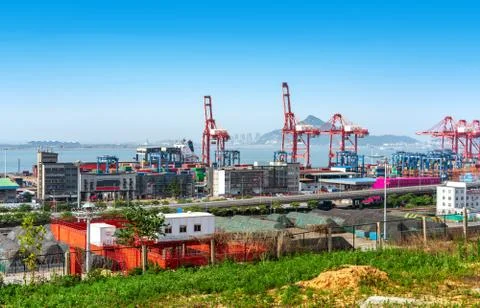 Aerial view of a cargo dock Stock Photos
