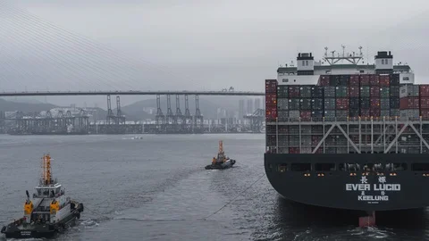 Aerial view of cargo freight ship Vidéo 116996392