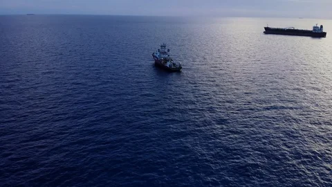 Aerial View of Cargo Ship and Tanker at Sea During Sunset, Pinders Point Stock Footage 110911871