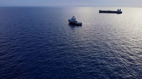 Aerial View of Cargo Ship and Tanker at Sea During Sunset, Pinders Point Stock Footage 110912077