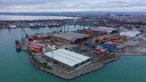 Aerial view of a cargo ship and containers on port of Burgas, Bulgaria 스톡 동영상 294793473