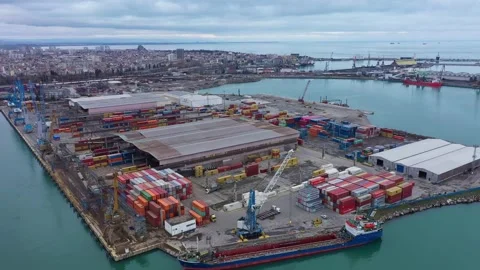 Aerial view of a cargo ship and containers on port of Burgas, Bulgaria 스톡 동영상 294797653