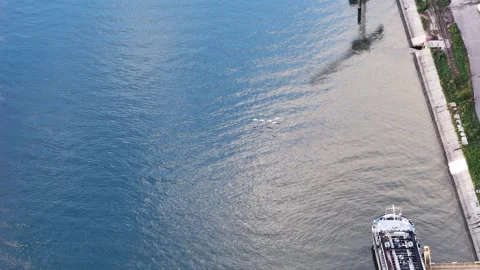 Aerial view of a cargo ship and swans in a canal in France. Stock Footage 345062180