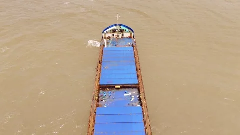 Aerial View of Cargo Ship with Blue Deck Stock Footage 290163795