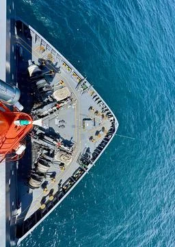 Aerial View of Cargo Ship Bow and Ocean Stock Photos