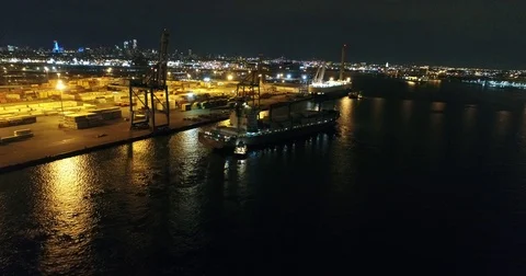 Aerial View Cargo Ship Delaware RIver at Night Stock Footage 76422624