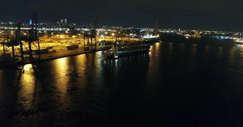Aerial View Cargo Ship Delaware RIver at Night Stock Footage 76422648