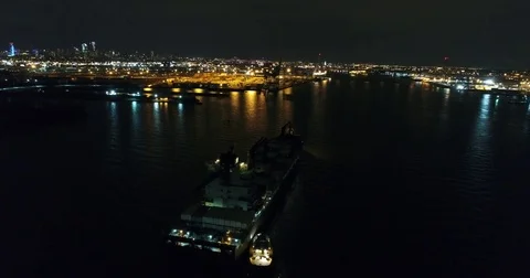 Aerial View Cargo Ship Delaware RIver at Night Stock Footage 76422664