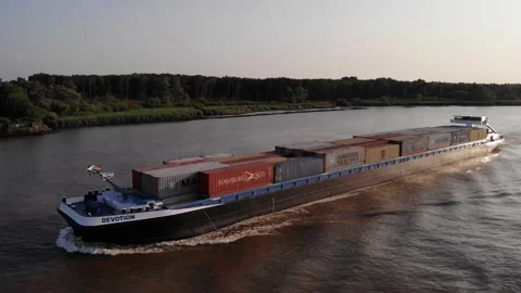 Aerial View Of Cargo Ship Devotion Going Past On Oude Maas Near Stock-Footage 158282020