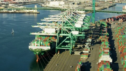 Aerial view cargo ship docked Americas Port LA Stock Footage 104251349
