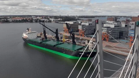 Aerial view of cargo ship docked at harbor. Ruoholahti Helsinki Finland Stock Footage 105450899