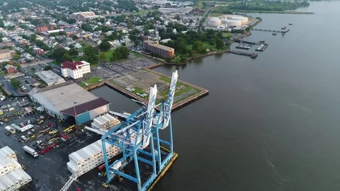 Aerial View of Cargo Ship Entering Port of Philadelphia and Parking Stock Footage 78376054