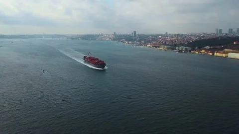 Aerial view of Cargo ship. Large container ship at sea - Aerial top down. Stock Footage 139415518