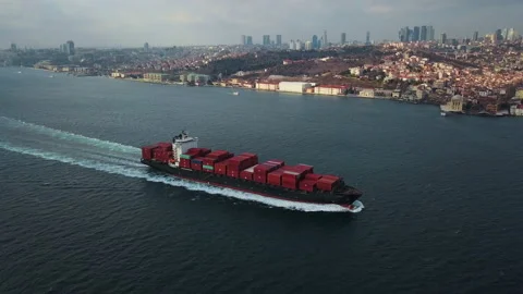 Aerial view of Cargo ship. Large container ship at sea - Aerial top down. Stock Footage 139415737