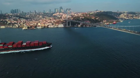 Aerial view of Cargo ship. Large container ship at sea - Aerial top down. Stock Footage 139415978