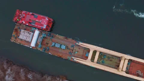 Aerial view of Cargo ship. Large container ship on the river - Aerial top down Stock Footage 159492927
