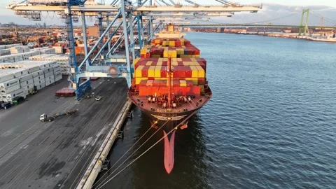 Aerial View of Cargo Ship Loading and Unloading Containers Stock Footage 222685850