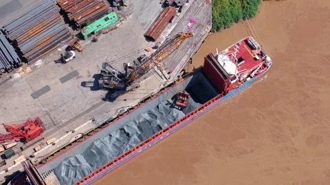 Aerial view of cargo ship loading in Flixborough, United Kingdom. Stock Footage 340632475