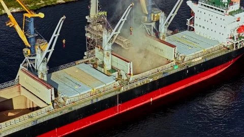 Aerial view of cargo ship loading grain at Port of Riga, Latvia. Stock Footage 340824158