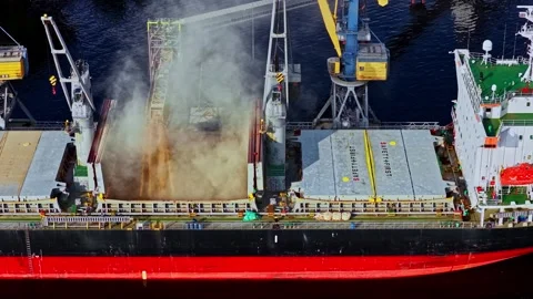 Aerial view of cargo ship loading grain, Europe. Stock Footage 341484438