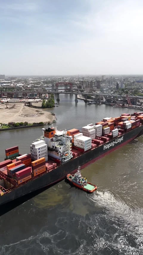 Aerial View of Cargo Ship Navigating La Boca Port, Buenos Aires Stock Footage 323805483